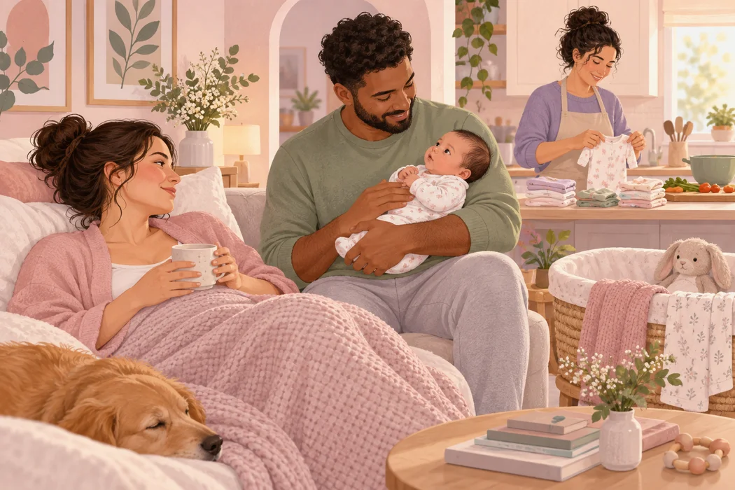 Ilustração de uma família dividindo os cuidados e o acolhimento ao bebê.